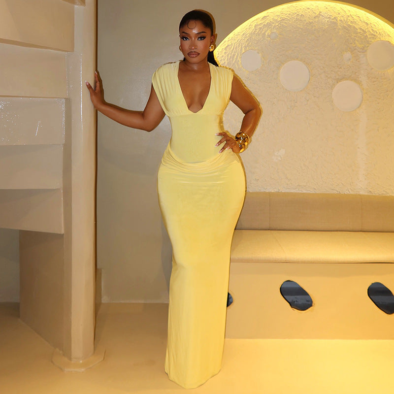 European and american women's clothing  autumn new sweet and fresh deep v-neck high-waisted slimming bodycon maxi dress