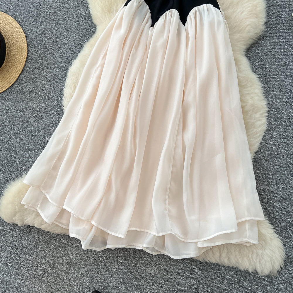 summer women's fashion: unique, high-end color block sleeveless mesh dress with cinched waist - french style maxi dress