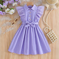 girls' summer dress - purple flutter sleeve ruffle trim bow belt kids' cute tank top a-line dress