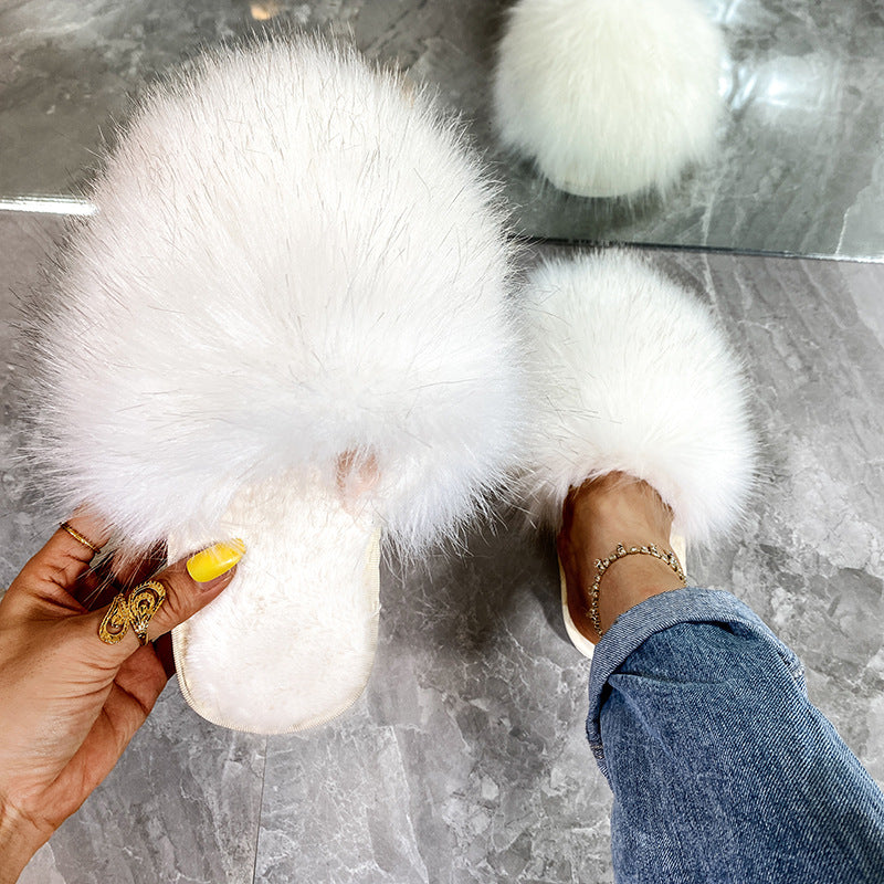 2024fall and winter imitation fox fur k-style baotouflats slippers popular same style outwear fur half slippers for women wholesale