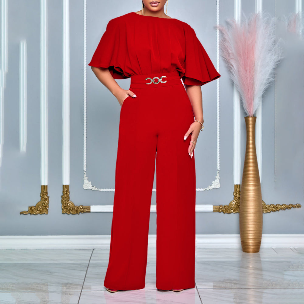D3276  cross-border european and american women's summer fashion round neck solid color high waist plus size african wide leg jumpsuit