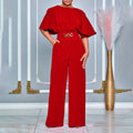D3276  cross-border european and american women's summer fashion round neck solid color high waist plus size african wide leg jumpsuit