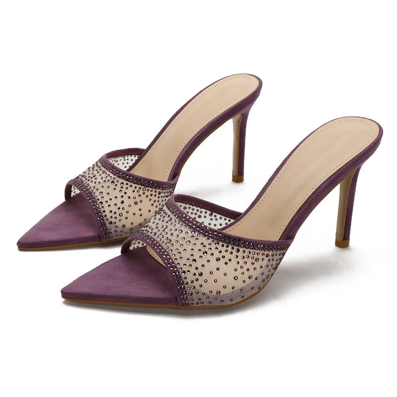 Rhinestone pointed-toe stiletto heel mules - women's sexy & fashionable outdoor sandals - european & american summer new arrivals - half slippers