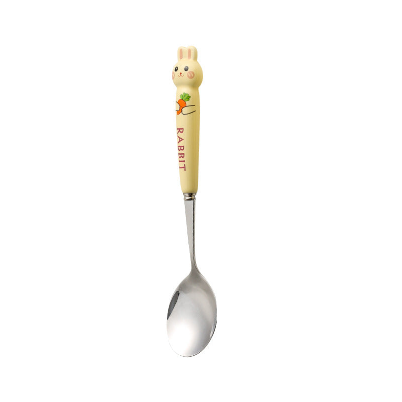 Cartoon stainless steel cutlery set: cute kids' forks with stylish ceramic handles, exquisite dessert spoons, and serving spoons