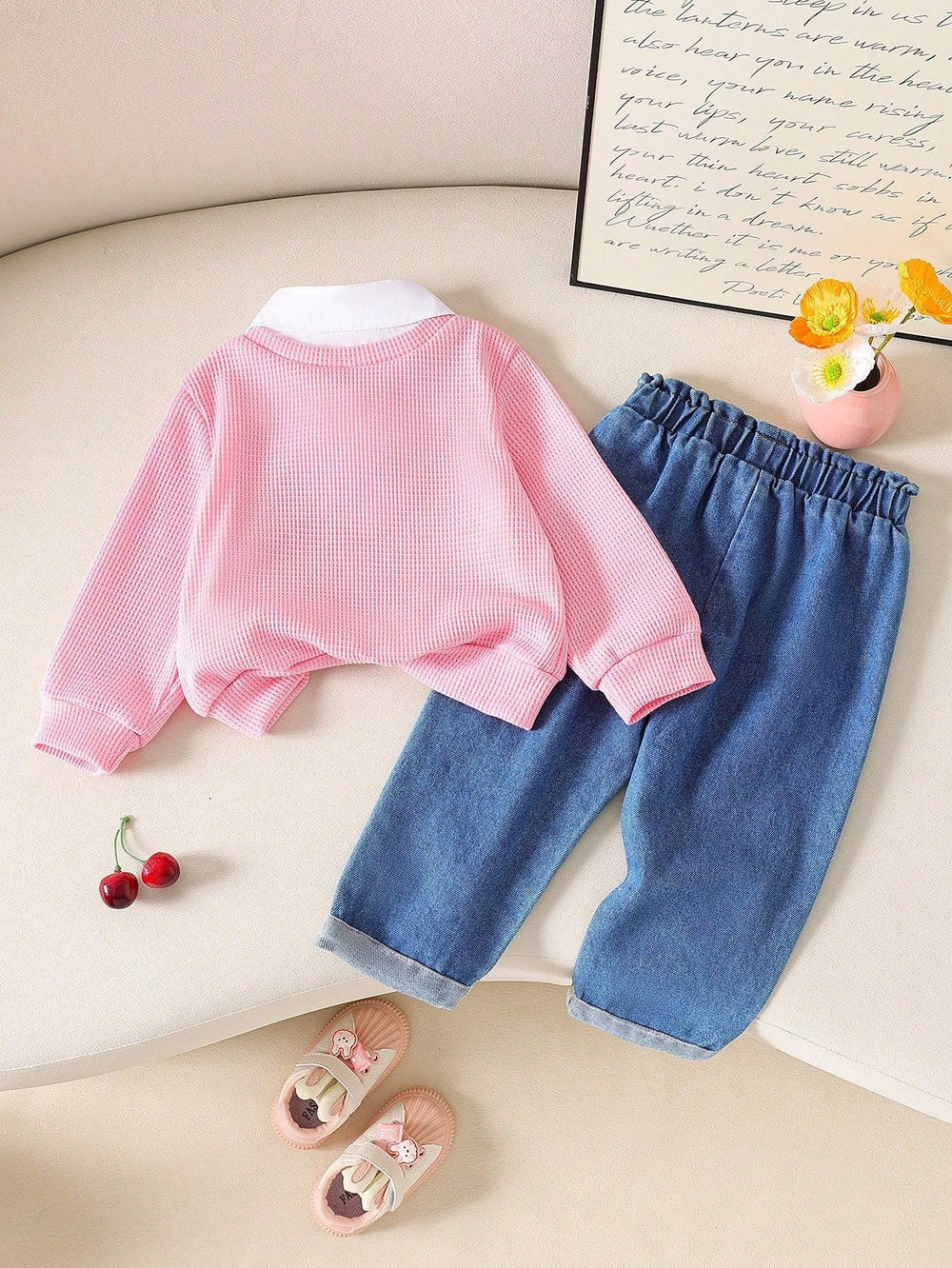 new spring cross-border textured lapel patchwork top + heavily embroidered cherry denim pants set