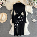 Fall and winter korean chiccontrast colorlong sleeves stand collar waist slimming look medium longtie back hip-covering bottom knittingdress