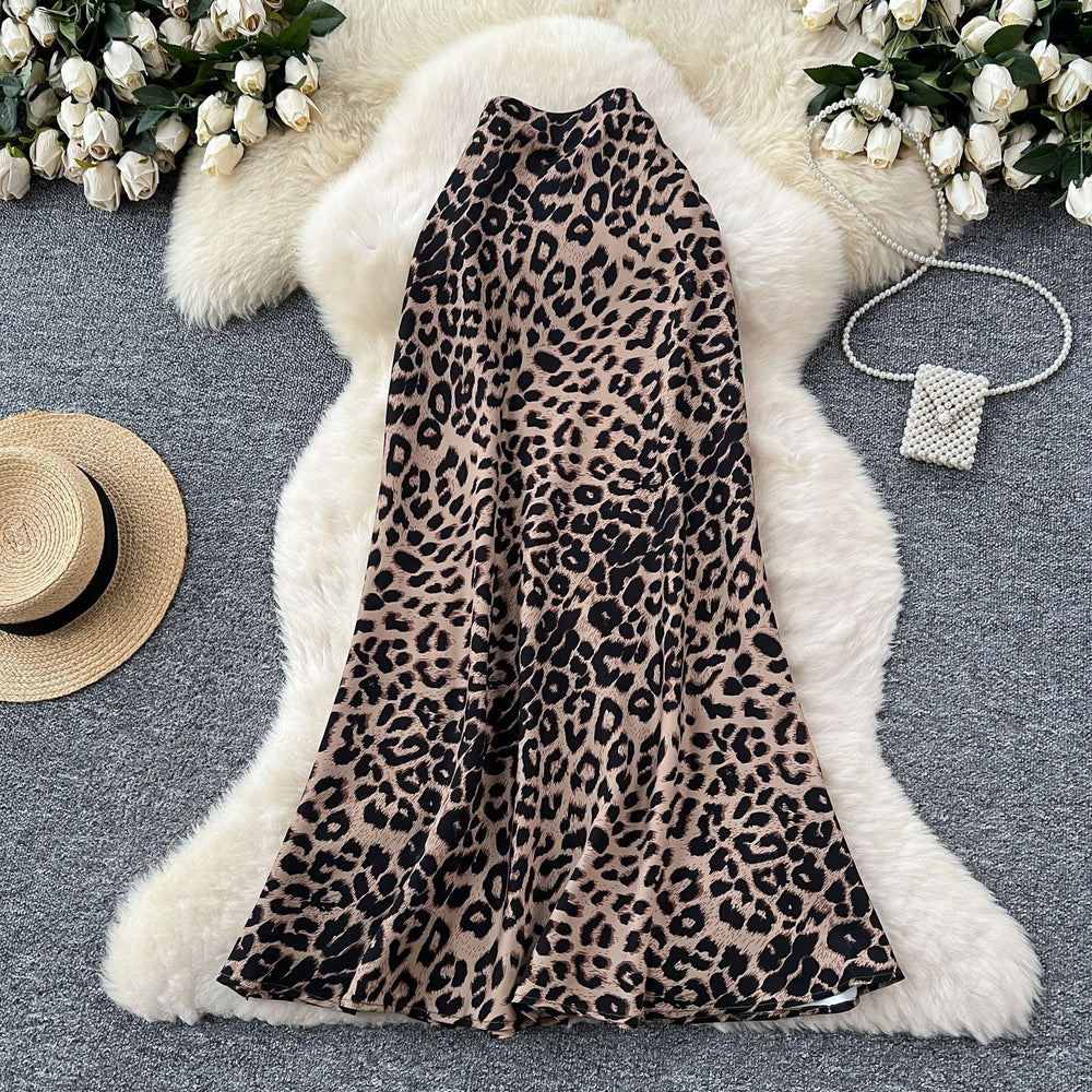 Classyelegant leopard print printingsatin skirt women's summerfrencheasiest for matchsilmslimming look mid-length mermaid dress