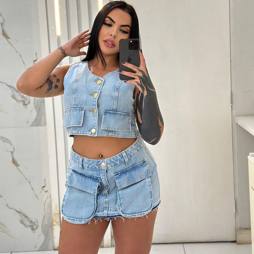 European and american style denim skirt suit  cross-border women's clothing short sleeveless vest vest raw edge flap pocket pants short skirt