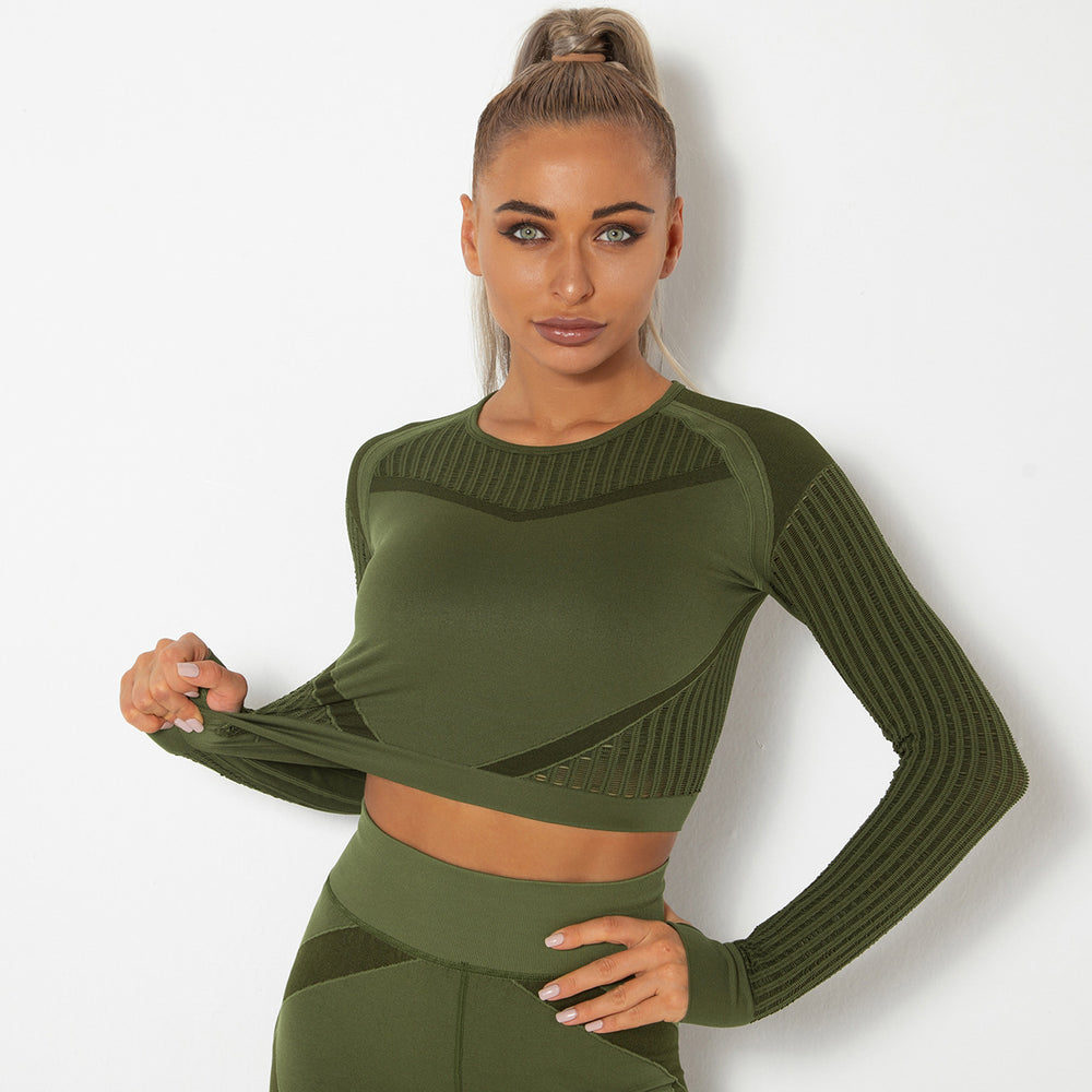 In stock! european and american influencer-approved seamless knit, sexy, moisture-wicking, long-sleeve yoga top for sports, fitness, and running