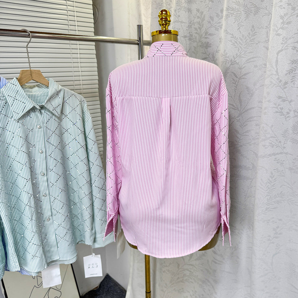 2025 summer new women's french chic rhinestone argyle casual loose thin long sleeve turn-down collar blouse shirt