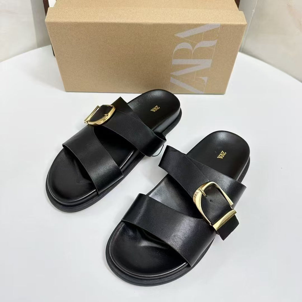 Za summer cross-border metal square buckle slippers - casual, versatile, round toe, thick sole women's slippers