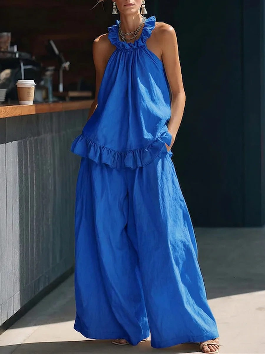 european and american  spring/summer new arrival: halter top cotton linen retro high-waisted loose casual set for women