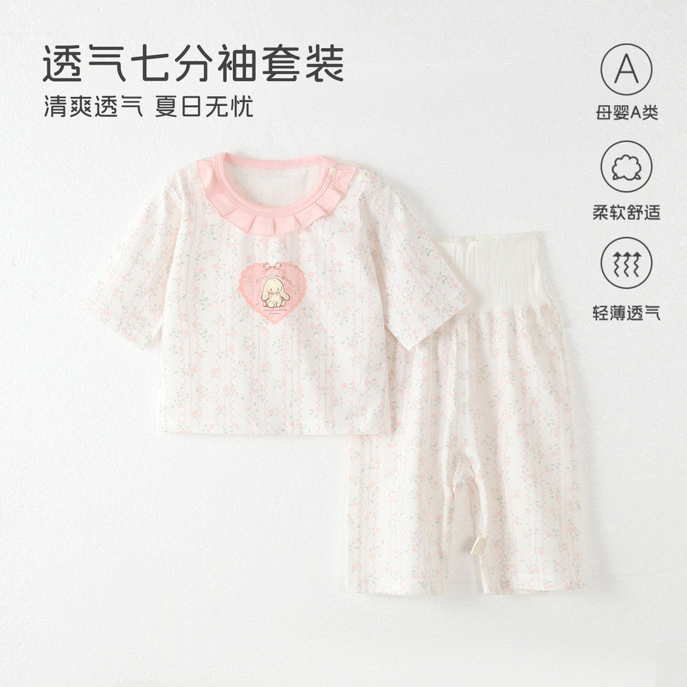Baby pajamas mocotton thin style kids' loungewear summer boys' and girls' three-quarter sleeve air conditioning suit high-waisted set