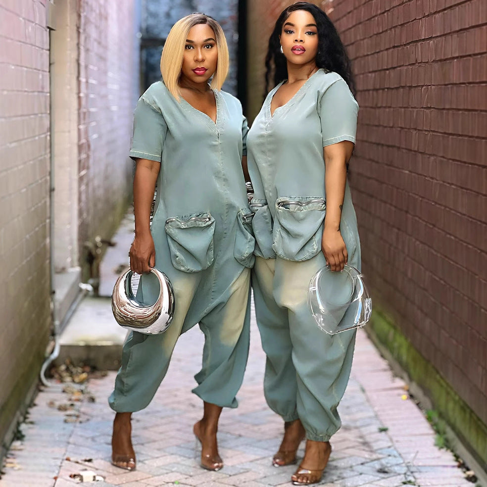 European and american style loose-fit jumpsuit -  cross-border women's fashion - unique, oversized pocket, washed denim romper