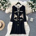 Frenchclassy small fragrance fashion metal buckle contrast color round neck long sleeves waist slimming lookknittingdress autumn wear