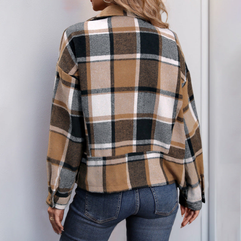 European and American  2025 new autumn and winter  casual retro polished cardigan lapel plaid European and American women's coat