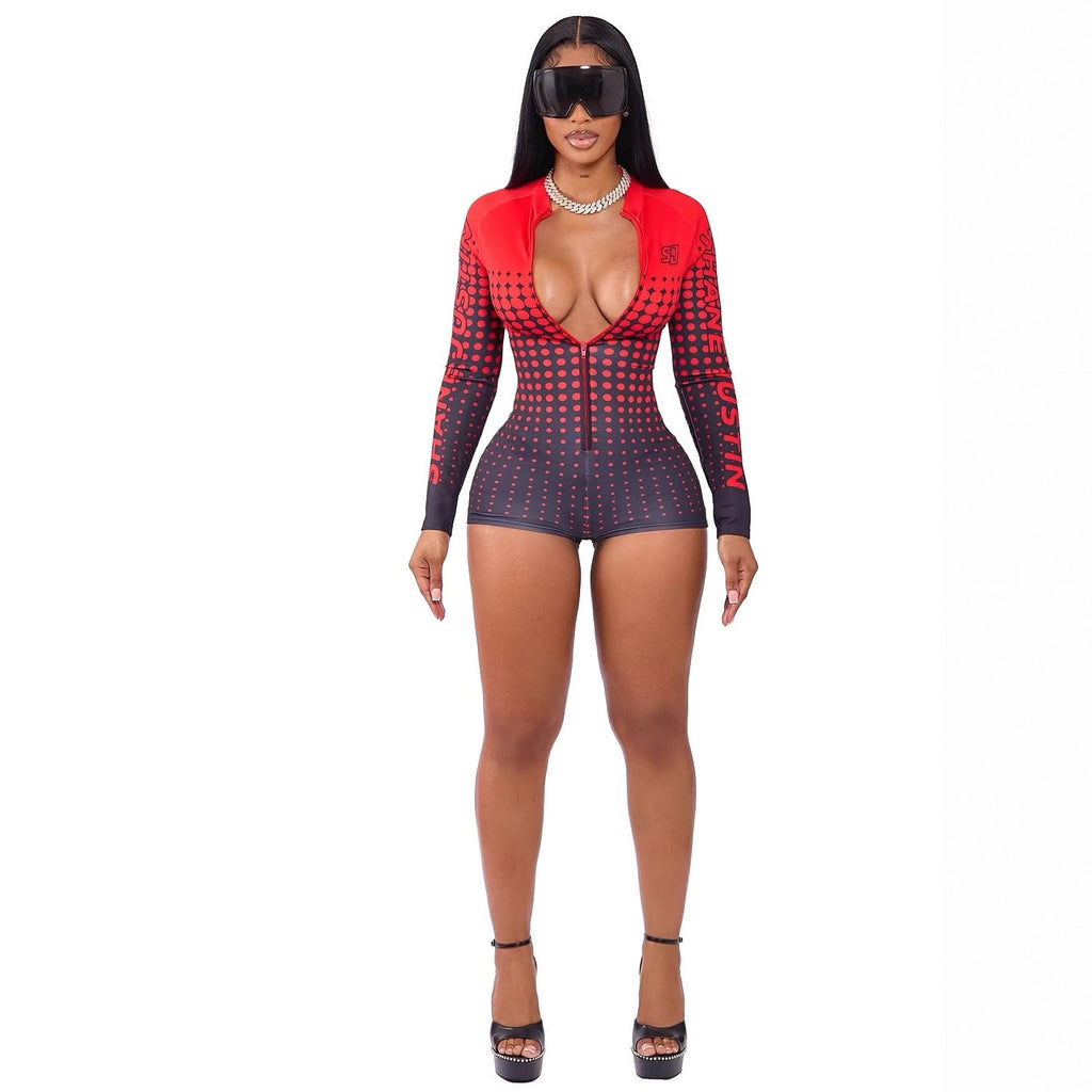 Early autumn new European and American  popular fashion versatile spot printing sexy zipper cardigan long-sleeved jumpsuit women