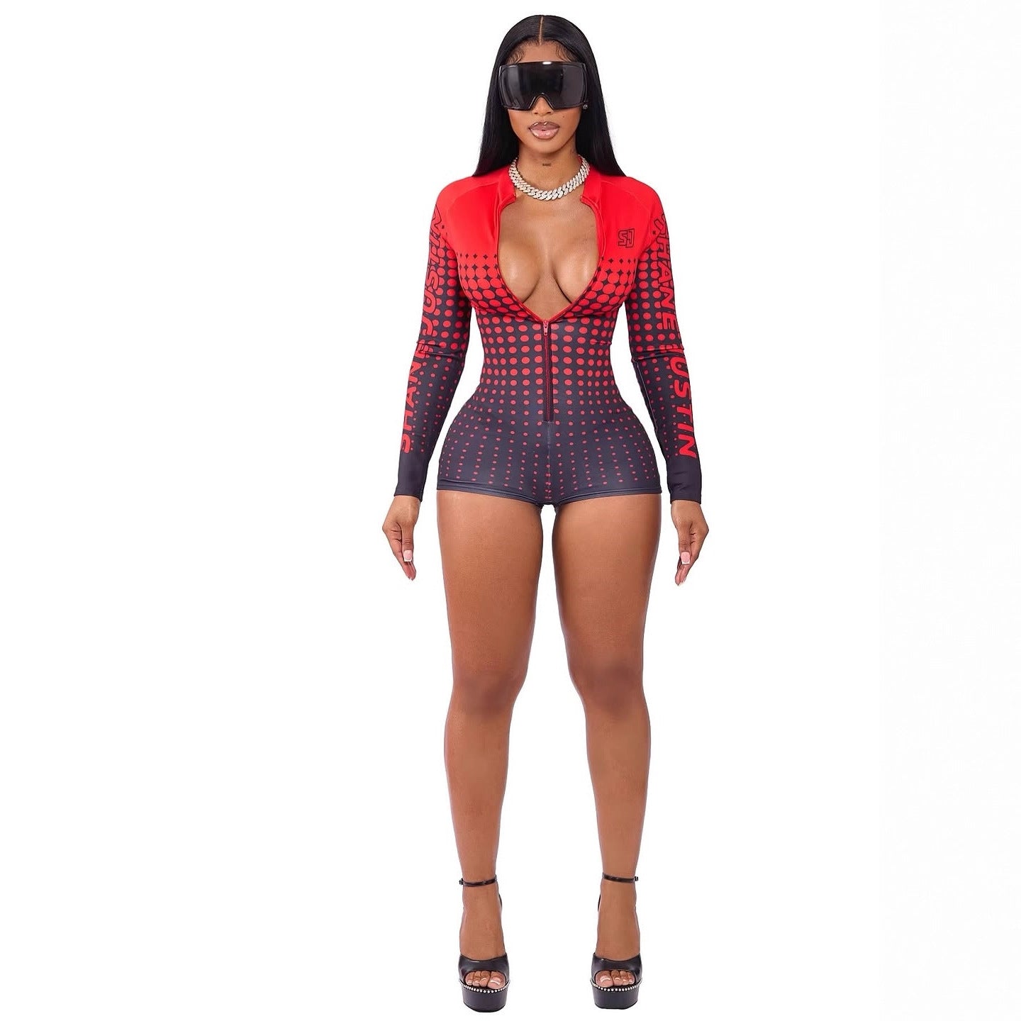 Early autumn new European and American  popular fashion versatile spot printing sexy zipper cardigan long-sleeved jumpsuit women