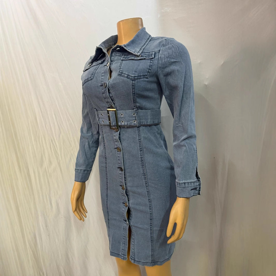 Cross-border Europe, America,  new women's clothing fashion lapel cardigan slim denim dress  wholesale women