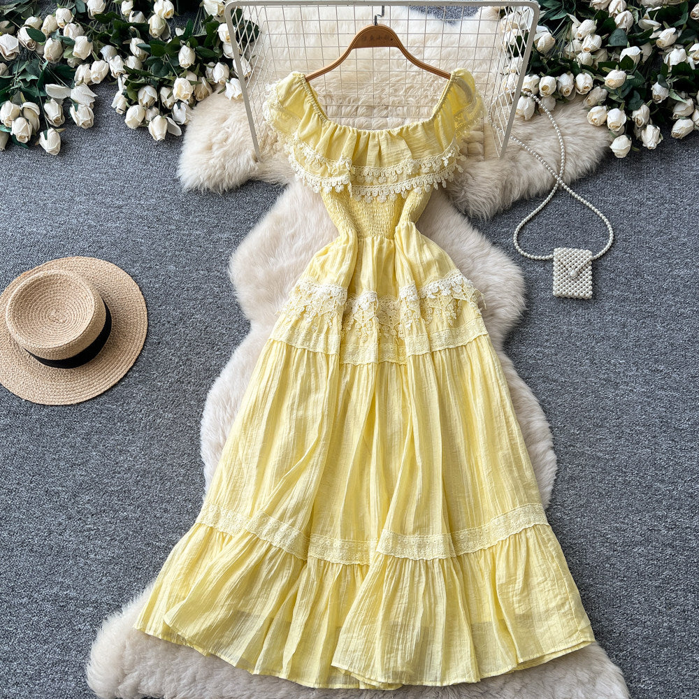 French romantic yellow dress - women's summer sleeveless lace trim off-the-shoulder a-line dress with cinched waist