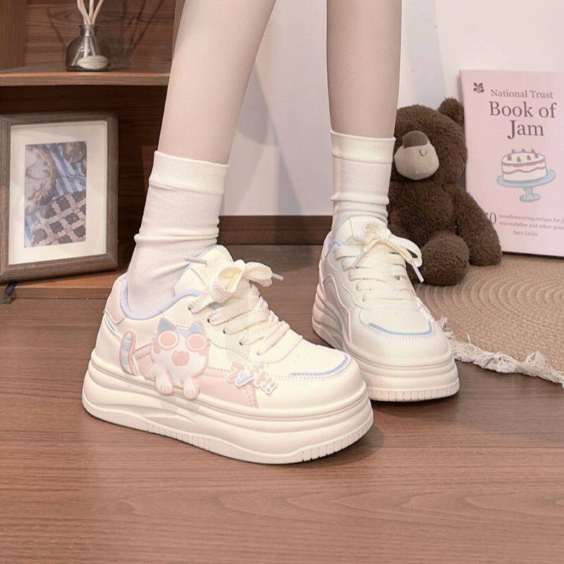 Simple pink women's shoes cute kitten white shoes women  spring and autumn new cartoon student thick solek-style sneakers