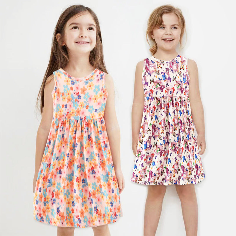 new milk silk printed sleeveless dress for toddlers and young children - country style floral tank dress for girls