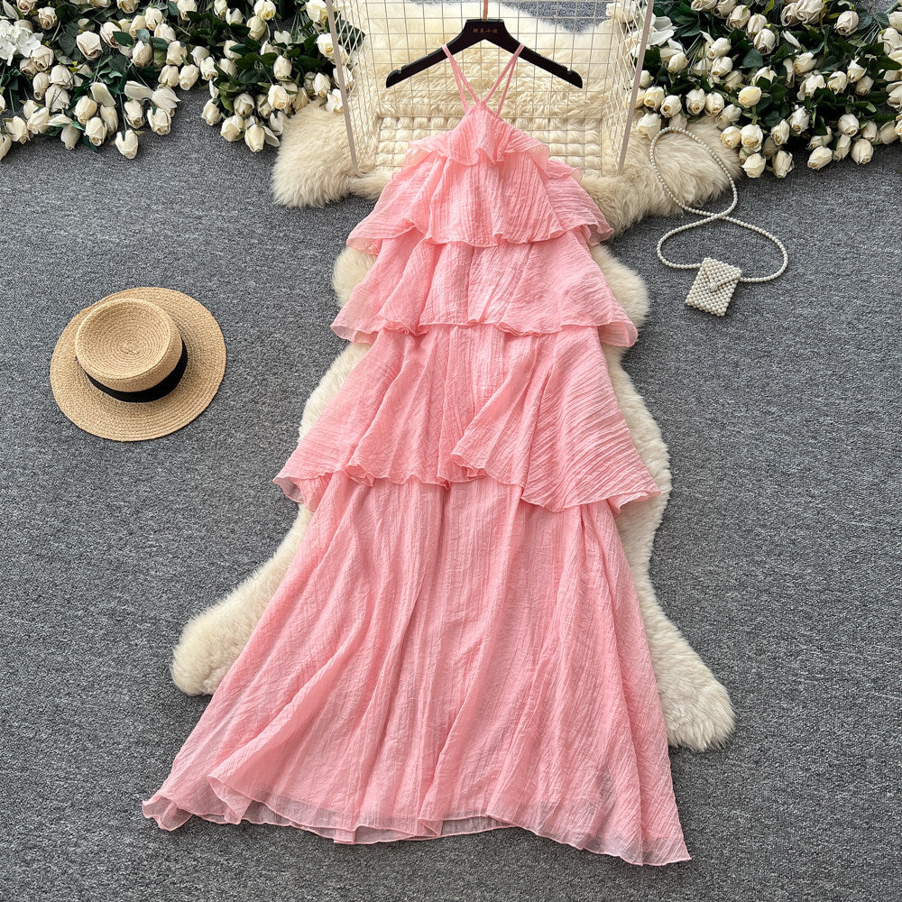 Vacation-style sleeveless romantic yellow cake dress - women's summer ruffle trim slimming fairy dress