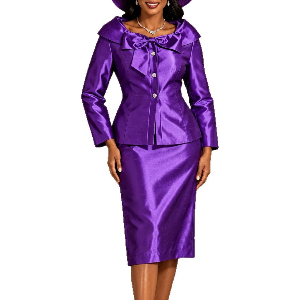 Autumn new solid color bodycon skirt set - cinched waist jacket with bow collar, elegant church banquet dress set