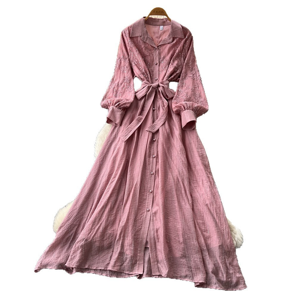 Frenchretro lapel lantern sleeve sequindress women's summerk-style strap waist slimming look long skirt work clothing