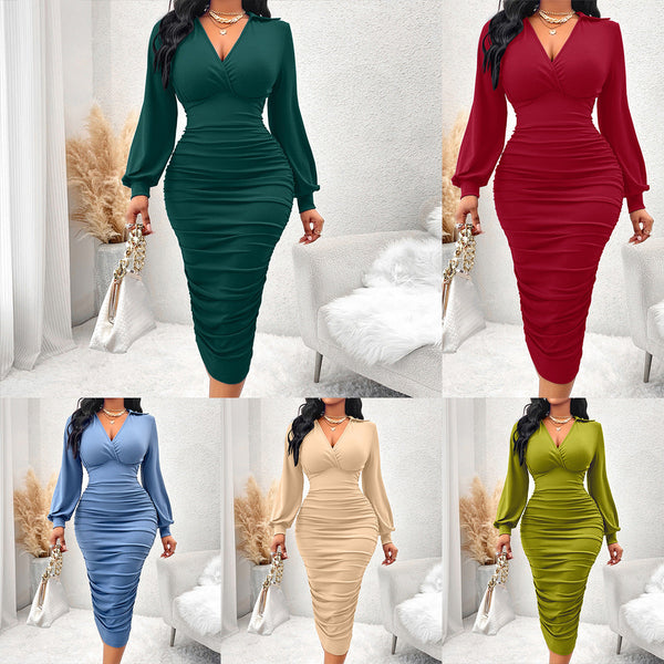 Winter European and American sexy casual dress independent station  solid color V-neck waist long sleeve hip dress women