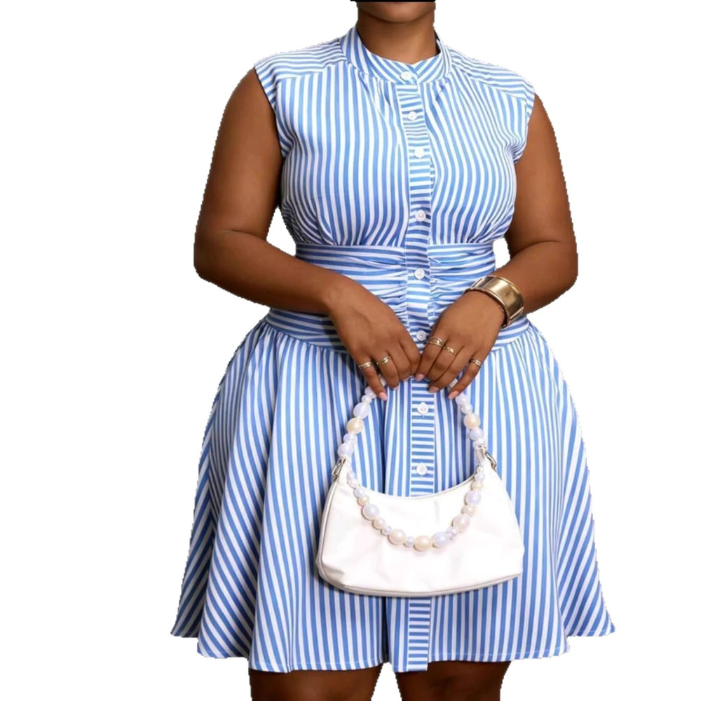 European and american cross-border women's clothing:  summer new arrival - elegant casual blue striped ruched single-breasted a-line dress