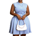European and american cross-border women's clothing:  summer new arrival - elegant casual blue striped ruched single-breasted a-line dress