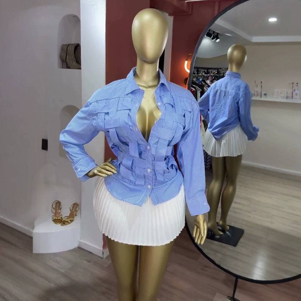 European and american cross-border women's fashion:  summer new arrival - elegant, designer, niche woven turn-down collar striped blouse top