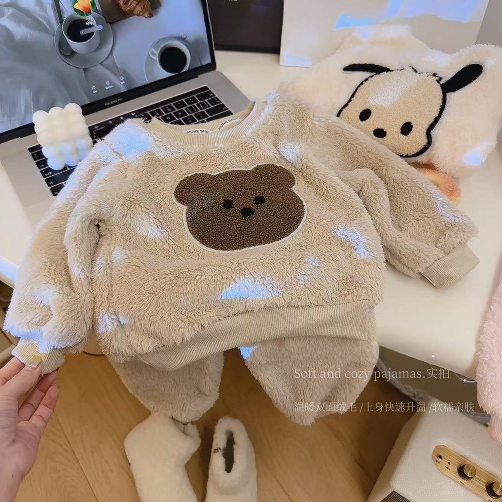 "cute baby outfit" fall and winter boys and girls fleece-linedheattech pajamas cloud velvet kids cute thickened home clothes cotton