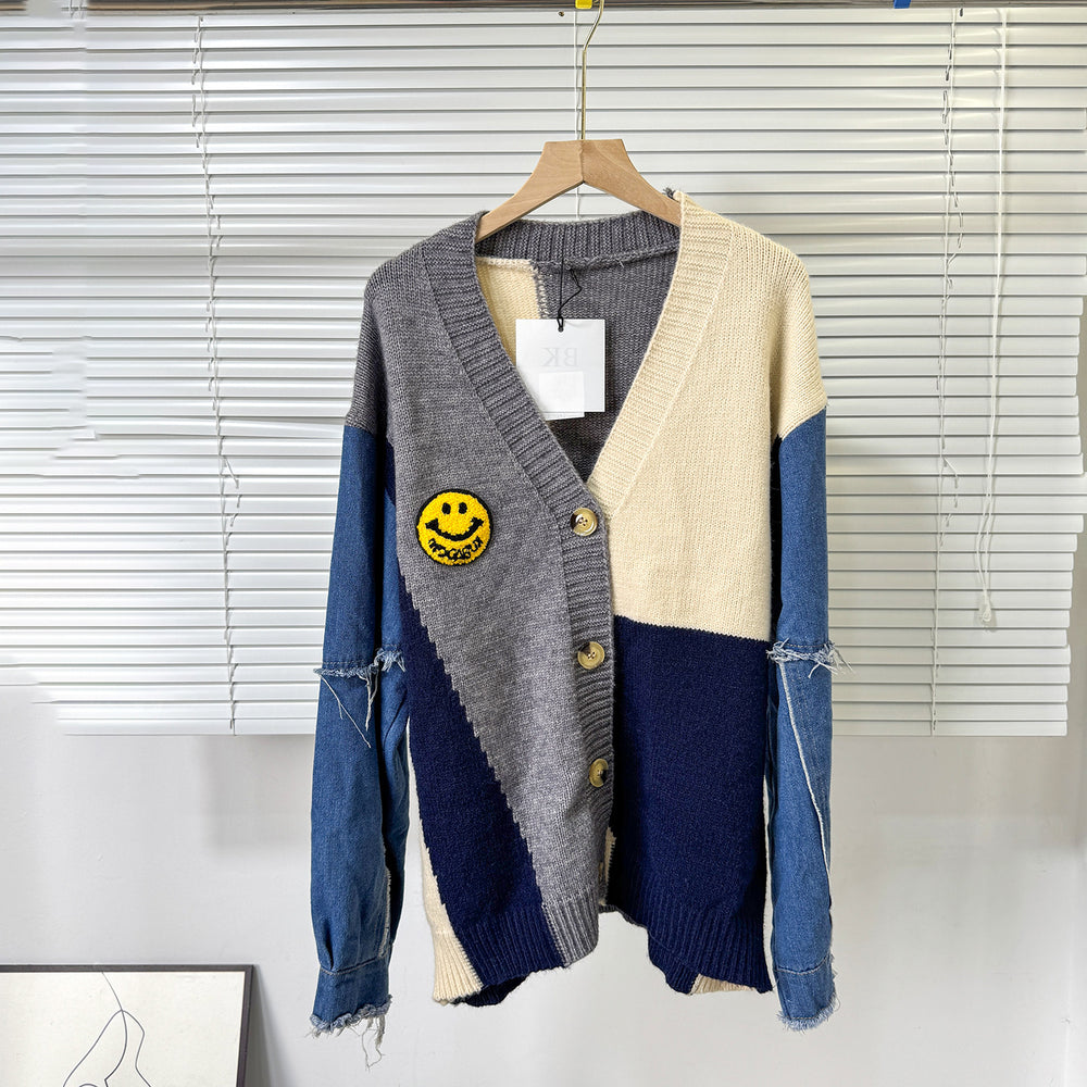 women's fall/winter cardigan sweater: color block denim sleeve, loose fit, fashionable single-breasted, versatile outerwear