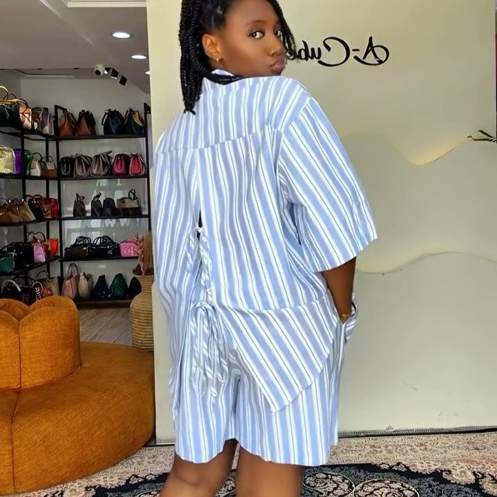 European and american cross-border women's fashion:  summer new arrivals - stylish casual loose tie-waist striped shirt and wide-leg shorts set