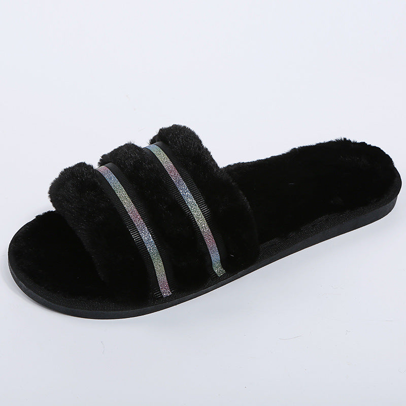 Amazon export one-character plush home cotton slippers women's autumn and winter new fashion outwear fur slippers wholesale