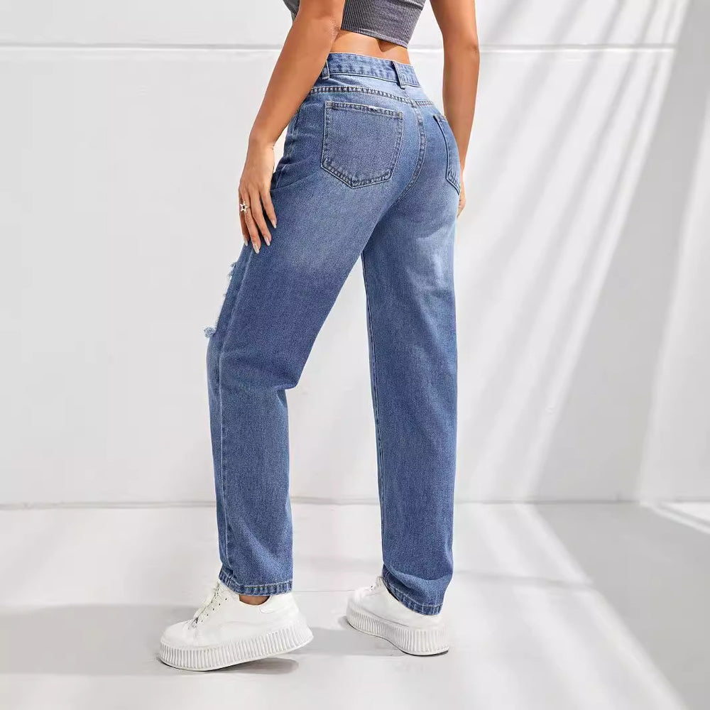 Pre-sale-15065# cross-border fashion casual slimming look ripped straight jeans pants for men and women