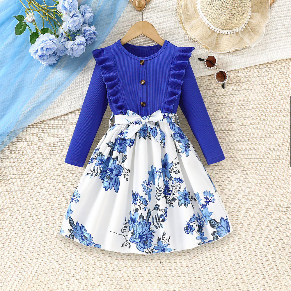 girls' dress - korean style autumn new arrival - ruffle trim long sleeve dress - floral print children's dress