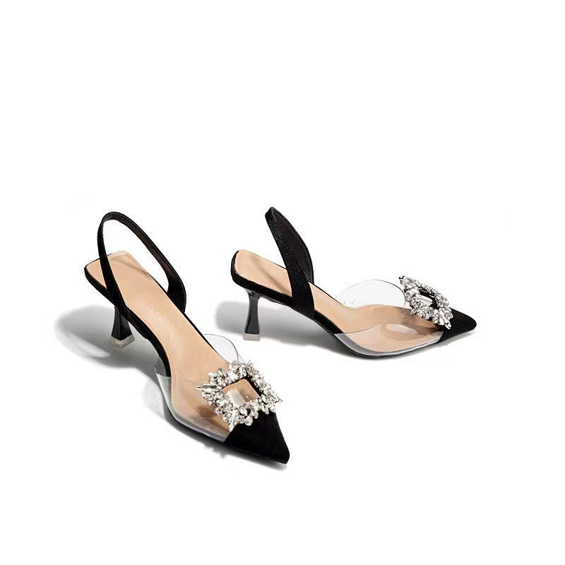 2024 summer new fashion rhinestone square buckle transparent strap studded pointed toe closed-toe stiletto heel sandals