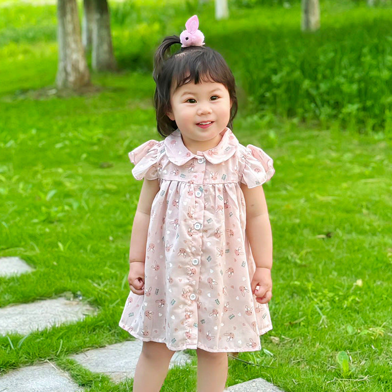 Girls' dress  summer new arrival kids princess dress shirt pink rabbit floral skirt for toddlers and young children