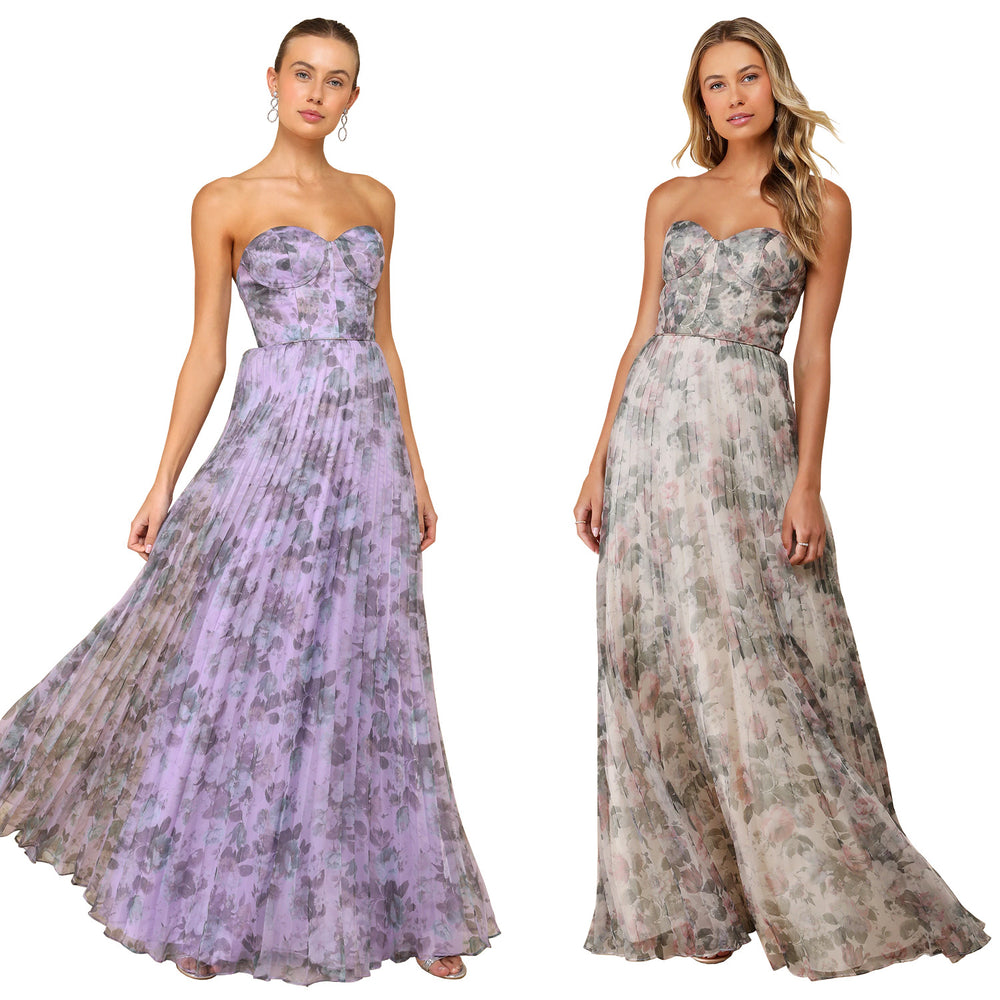 C7751 cross-border  new women's tube top fishbone floral pleated long evening dress fairy chiffon long skirt