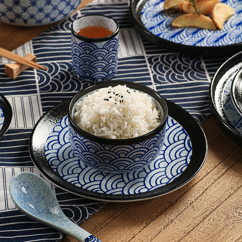 Japanese blue pattern soup bowl for home creative ramen bowl student dormitory instant noodle bowl rice bowl salad bowl retro bowl