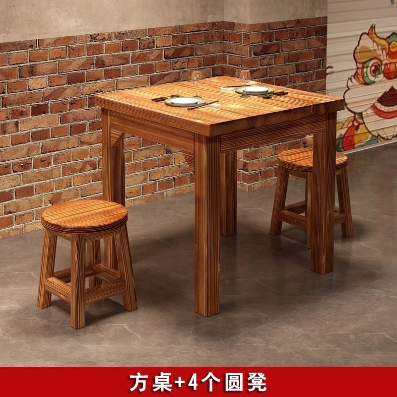 Solid wood dining table and chairs chinoiserie carbonized hot pot barbecue rectangular log dining table restaurant snack shop restaurant dining table