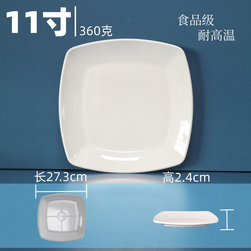 White square melamine dinnerware set - western style plates, fast food plates, covered fried rice/sauce dishes - wholesale for student cafeterias and dining halls