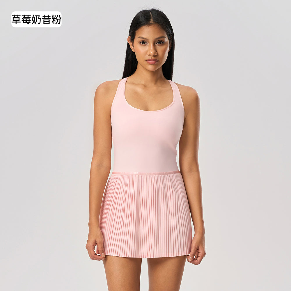New women's backless sports dress with built-in bra pads, yoga tank dress, cool & breathable tennis pleated skirt d25028