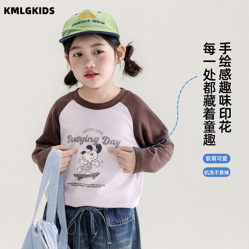 Girls' autumn clothing  new loose color block little girl's clothes long sleeve t-shirt kids cartoon print top