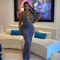 European and american dresses:  cross-border women's autumn sexy deep v floor-length backless halter neck ruched dress