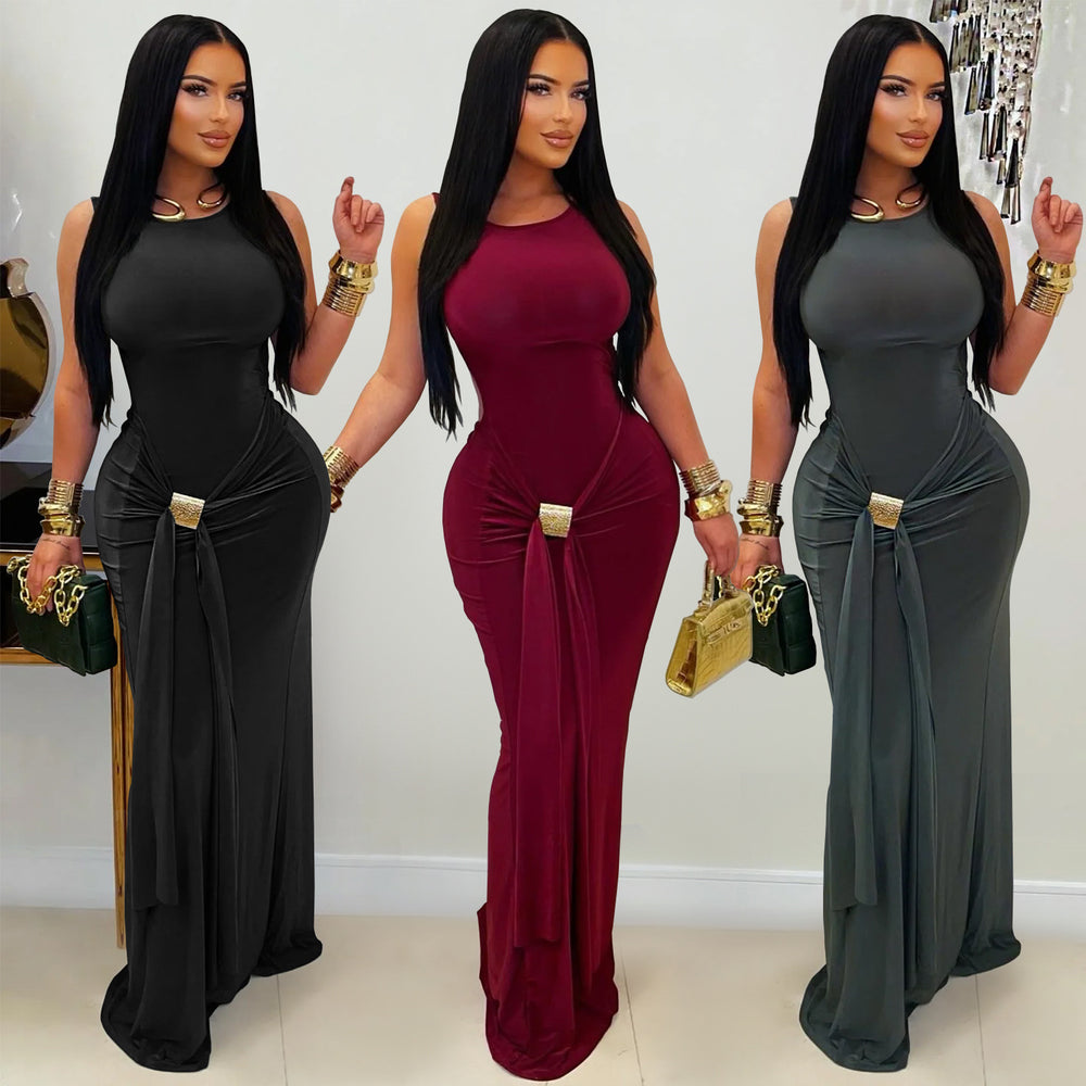 C7600 cross-border   fashion women's elegant solid color slim-fit backless dress