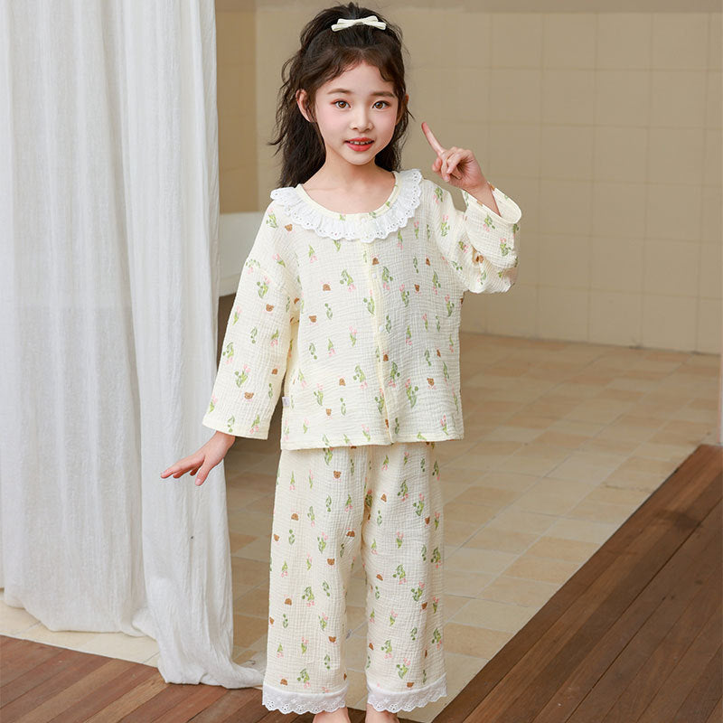 kids' cropped lounge set - boys & girls double-layer cotton gauze pajama set with baby lace trim and cartoon print